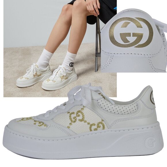 GUCCI SNEAKERS CHUNKY WHITE LEATHER GG LOGO GOLD LAME SHOES sz 36 6 - Picture 1 of 15